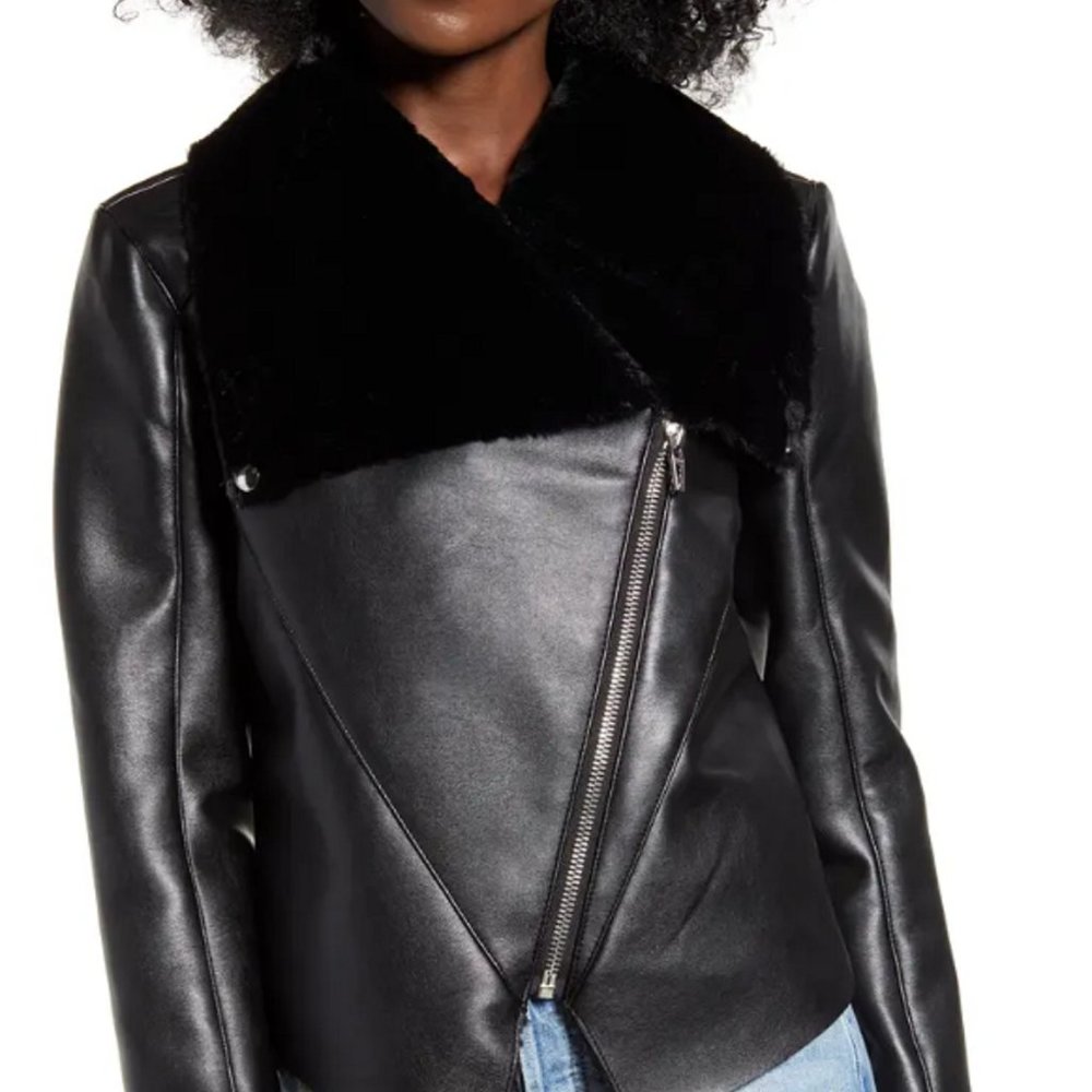 Blank NYC Women's Jacket S Black Faux Leather Faux Fur Moto Late Night Shift